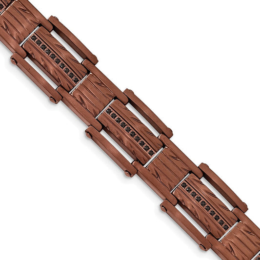 Chisel Stainless Steel Brushed and Textured Brown IP-plated with Black CZ 8.25 inch Link Bracelet SRB1904-8.25
