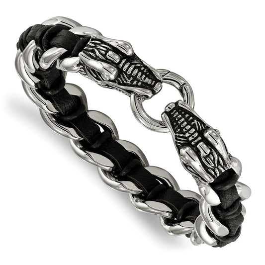 Chisel Stainless Steel Antiqued and Polished Dragon Head Curb Chain with Black Leather 8.5 inch Bracelet SRB2044-8.5