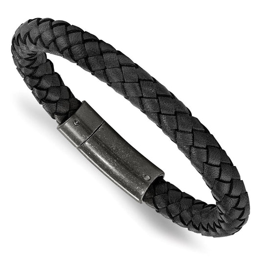 Chisel Stainless Steel Brushed Black Braided Leather 8.25 inch Bracelet SRB2204-8.25