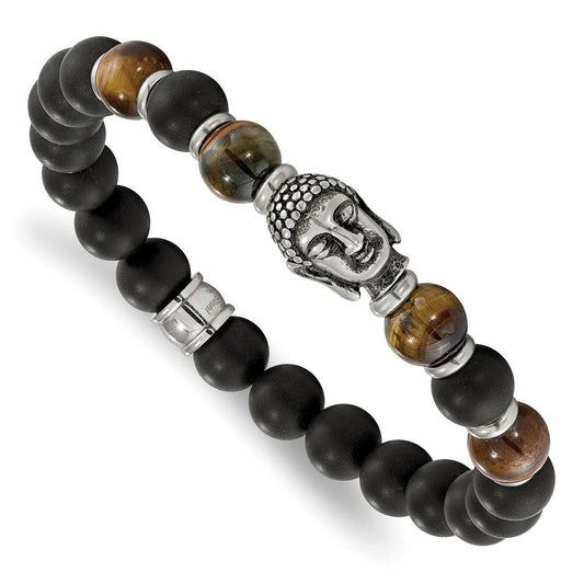 Chisel Stainless Steel Antiqued and Polished Buddha 8mm Black Agate and Tiger's Eye Beaded Stretch Bracelet SRB2238