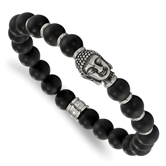 Chisel Stainless Steel Antiqued and Polished Buddha 8mm Black Agate Beaded Stretch Bracelet SRB2239