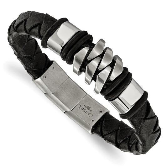 Chisel Stainless Steel Brushed and Polished Black Woven Leather 8 inch Bracelet with .5 inch Extension SRB2240-8