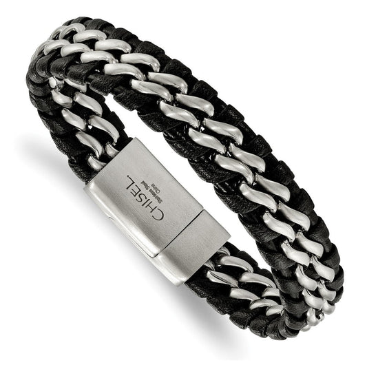 Chisel Stainless Steel Brushed Black Leather 8.5 inch Bracelet SRB2243-8.5