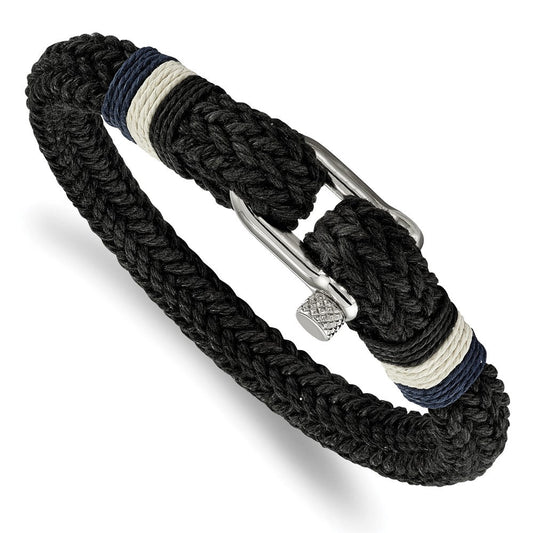 Chisel Stainless Steel Polished Woven Black Cotton 8.5 inch Bracelet SRB2251-8.5