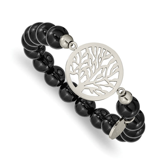 Chisel Stainless Steel Polished Tree of Life 8mm Black Agate Beaded Stretch Bracelet SRB2324