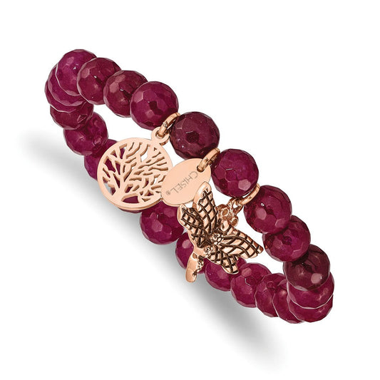 Chisel Stainless Steel Antiqued and Polished Rose IP-plated Dragonfly and Tree of Life 8mm Pink Dyed Jade Beaded Stretch Bracelet SRB2329