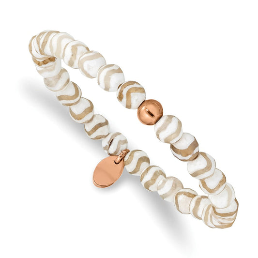 Chisel Stainless Steel Polished Rose IP-plated 6mm White Wave Agate Beaded Stretch Bracelet SRB2338