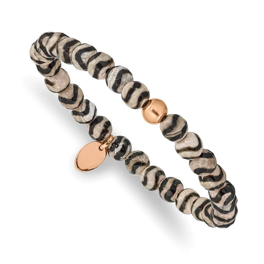 Chisel Stainless Steel Polished Rose IP-plated 6mm Black and White Striped Agate Beaded Stretch Bracelet SRB2340