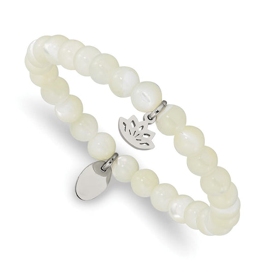 Chisel Stainless Steel Polished Lotus 6mm Mother of Pearl Beaded Stretch Bracelet SRB2346