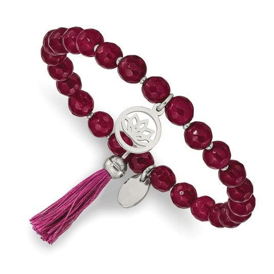 Chisel Stainless Steel Polished Lotus 6mm Pink Jade Beaded Stretch Bracelet with Tassel SRB2349