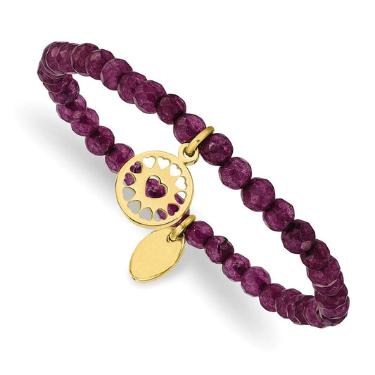 Chisel Stainless Steel Polished Yellow IP-plated Heart 4mm Dark Purple Jade Beaded Stretch Bracelet SRB2364