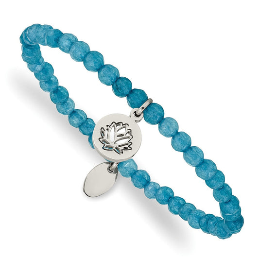 Chisel Stainless Steel Polished Lotus 4mm Blue Jade Beaded Stretch Bracelet SRB2374