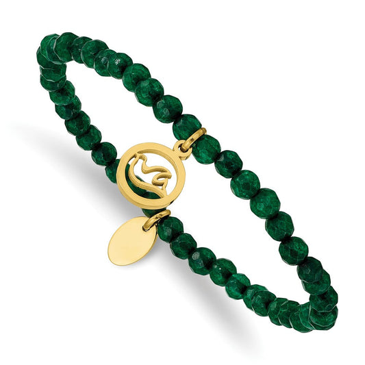 Chisel Stainless Steel Polished Yellow IP-plated Dove 4mm Green Jade Beaded Stretch Bracelet SRB2376
