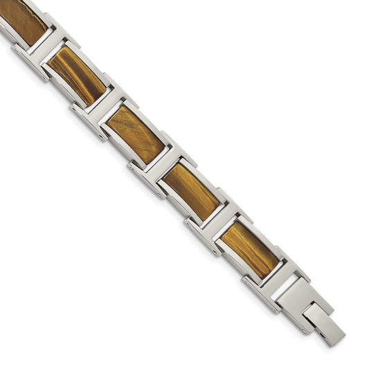 Chsiel Stainless Steel Polished with Tiger's Eye Inlay 8.5 inch Link Bracelet SRB2379-8.5