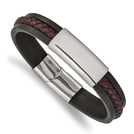 Chisel Stainless Steel Polished Black and Brown Braided Leather 8.25 inch ID Bracelet SRB2400-8.25