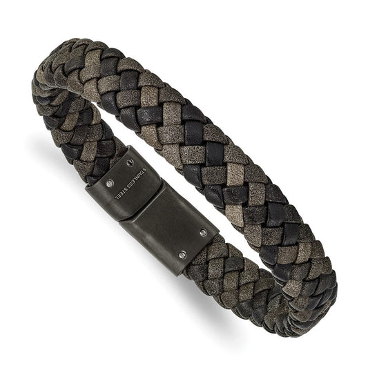 Chisel Stainless Steel Brushed Gun Metal IP-plated Brown Braided Leather 8.25 inch Bracelet SRB2417-8.25