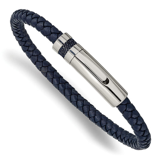 Chisel Stainless Steel Polished Blue Braided Leather 8.25 inch Bracelet SRB2422-8.25