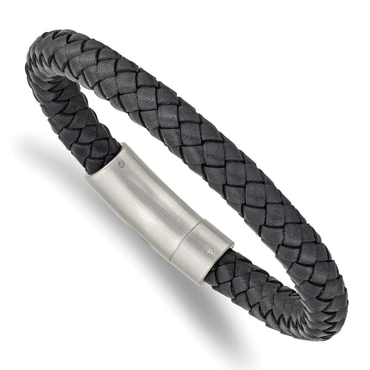 Chisel Stainless Steel Brushed Grey Braided Leather 8.25 inch Bracelet SRB2446-8.25
