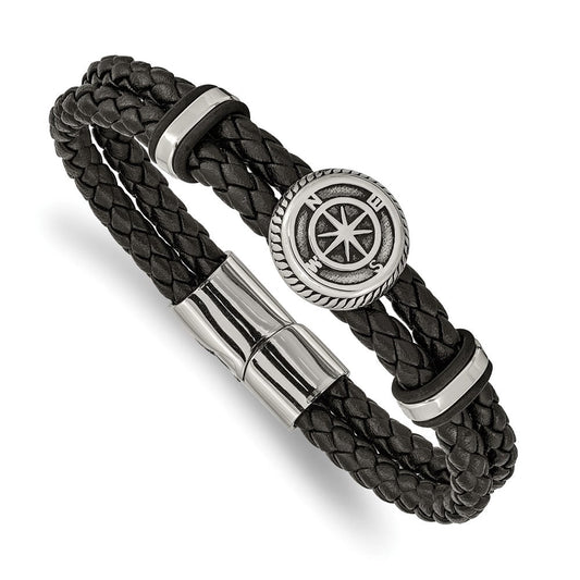 Chisel Stainless Steel Antiqued and Polished Compass Braided Black Leather 8 inch Bracelet SRB2473-8