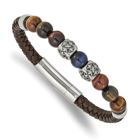 Chisel Stainless Steel Antiqued and Polished MultiColor Tiger's Eye Beads Brown Leather 8.5 inch Bracelet SRB2488-8.5