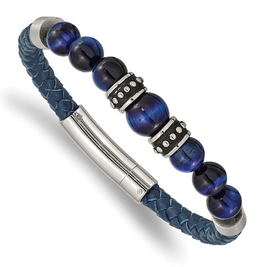 Chisel Stainless Steel Antiqued and Polished Blue Tiger's Eye Beads Blue Leather 8.25 inch Bracelet SRB2490-8.25