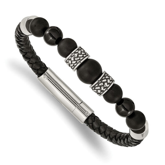 Chisel Stainless Steel Antiqued and Polished Black Agate Beads Black Leather 8.25 inch Bracelet SRB2492-8.25