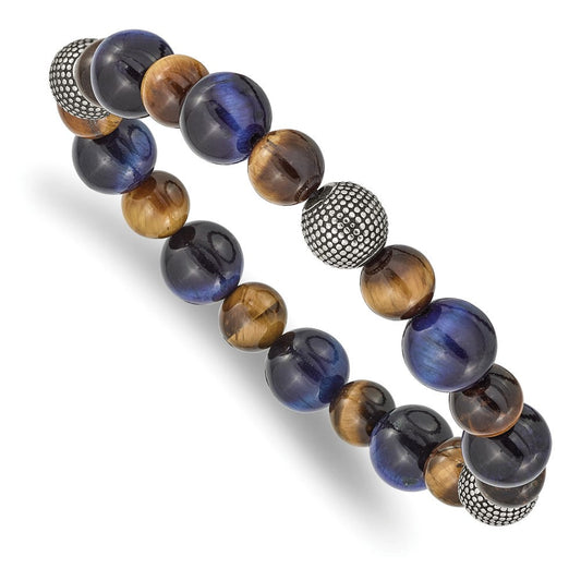 Chisel Stainless Steel Antiqued and Polished 8-10mm Brown and Blue Tiger's Eye Beaded Stretch Bracelet SRB2502