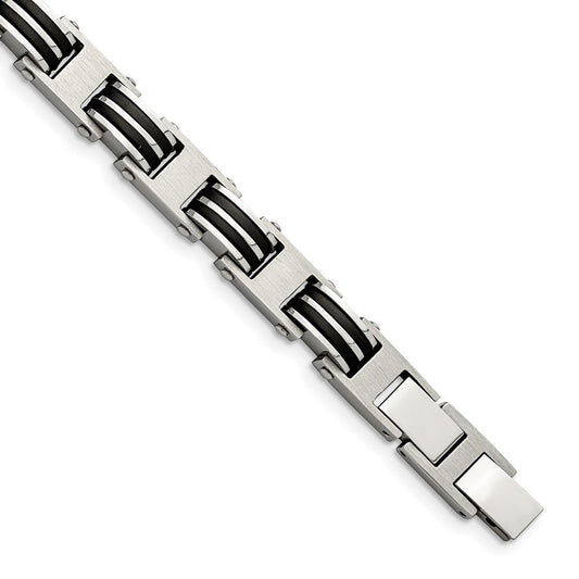 Chisel Stainless Steel Brushed and Polished with Black Rubber 7.75 inch Link Bracelet with .5 inch Extension SRB2717-7.75