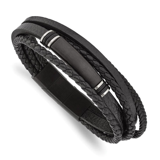 Chisel Stainless Steel Brushed Black IP-plated Multi Strand Black PU Leather and Rubber 8 inch ID Bracelet with .5 inch Extension SRB2719-8