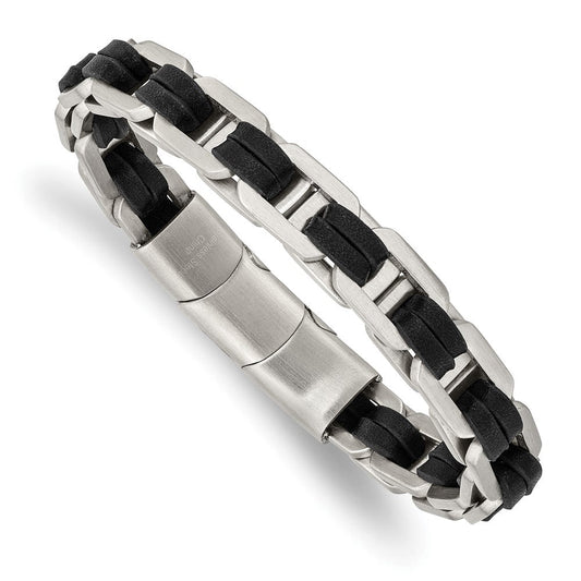 Chisel Stainless Steel Brushed with Black PU Leather 7.75 inch Bracelet with .5 inch Extension SRB2720-7.75