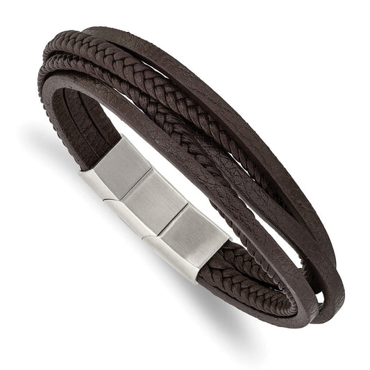 Chisel Stainless Steel Polished Multi Strand Brown PU Leather 8 inch Bracelet with .5 inch Extension SRB2725-8