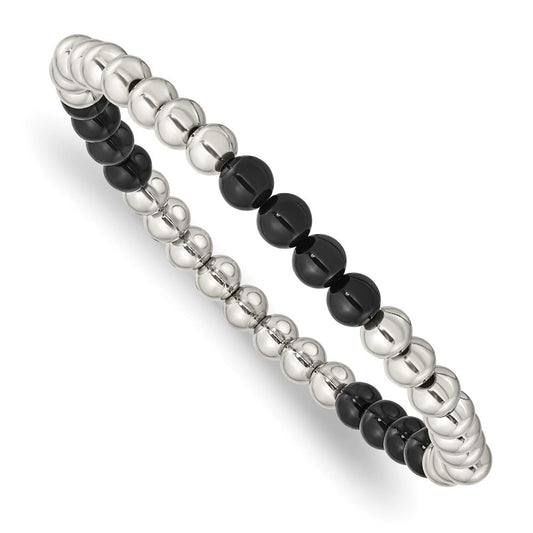 Chisel Stainless Steel Polished 6mm Black Onyx Beaded Stretch Bracelet SRB2734