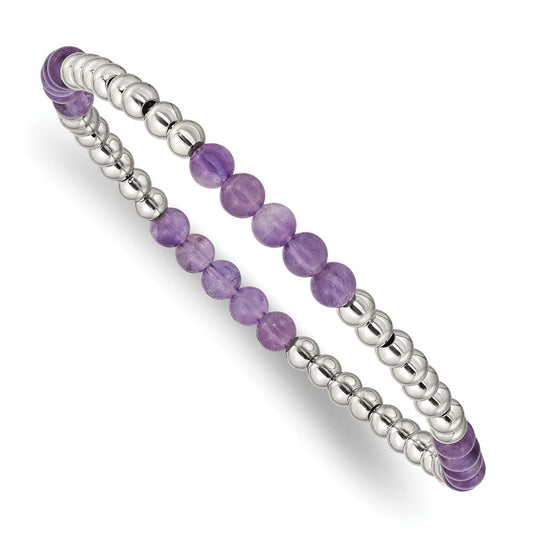 Chisel Stainless Steel Polished 4mm Purple Zebra Amethyst Beaded Stretch Bracelet SRB2740