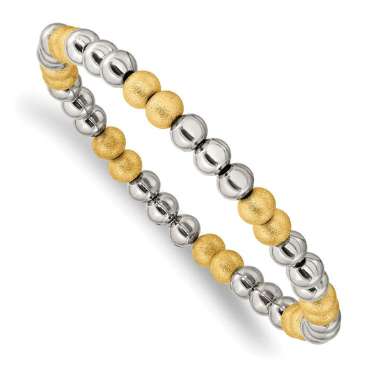 Chisel Stainless Steel Polished Yellow IP-plated Sandblasted 6mm Beaded Stretch Bracelet SRB2742