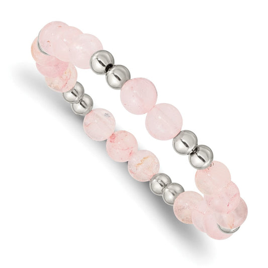 Chisel Stainless Steel Polished 6-8mm Pink Quartz Beaded Stretch Bracelet SRB2746
