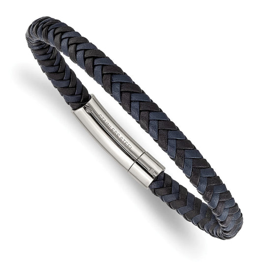 Chisel Stainless Steel Polished Black and Blue Braided Leather 8.25 inch Bracelet SRB2760-8.25