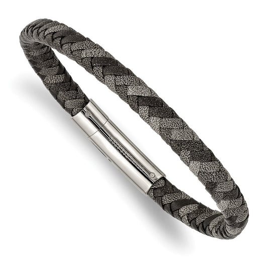 Chisel Stainless Steel Polished Black and Grey Braided Leather 8.25 inch Bracelet SRB2763-8.25