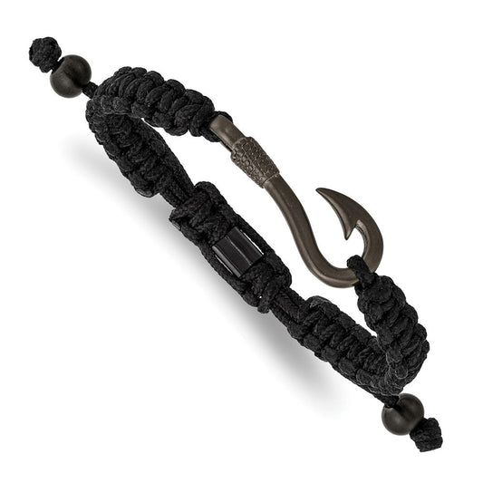 Chisel Stainless Steel Brushed Gun Metal IP-plated Fishing Hook Black Nylon Adjustable Bracelet SRB2799