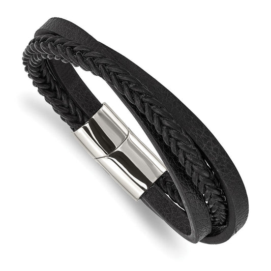 Chisel Stainless Steel Polished Multi Strand Black Leather 8.25 inch Bracelet SRB2828-8.25
