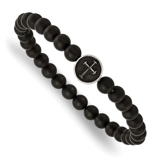 Chisel Stainless Steel Antiqued and Polished Cross 7mm Black Agate Beaded Stretch Bracelet SRB2857