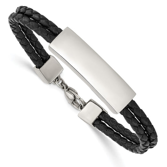 Chisel Stainless Steel Polished Black Leather 2 Strand 7 inch ID Bracelet SRB2896-7
