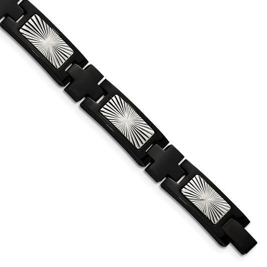 Chisel Stainless Steel Polished and Textured Starburst Design Black IP-plated 8.5 inch Link Bracelet SRB2987-8.5