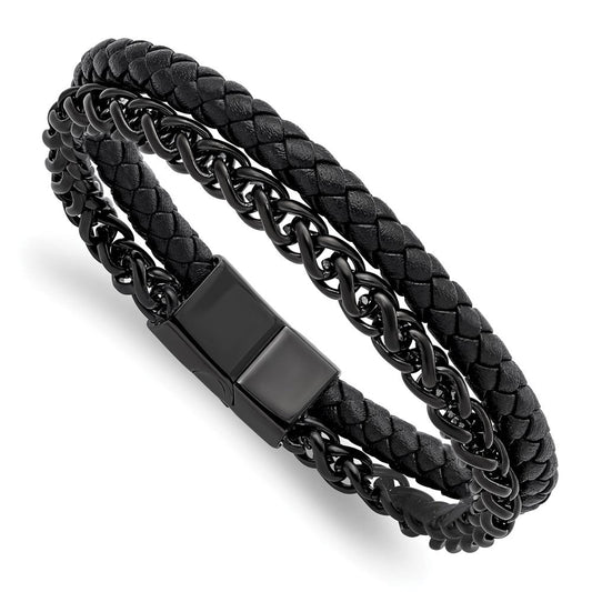 Chisel Stainless Steel Polished Black IP-plated Chain and Black Leather 8.5 inch Bracelet SRB2992-8.5