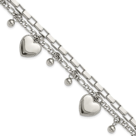 Chisel Stainless Steel Polished Hearts and Beads 7 inch Multi Chain Bracelet with 2 inch Extension SRB3059-7