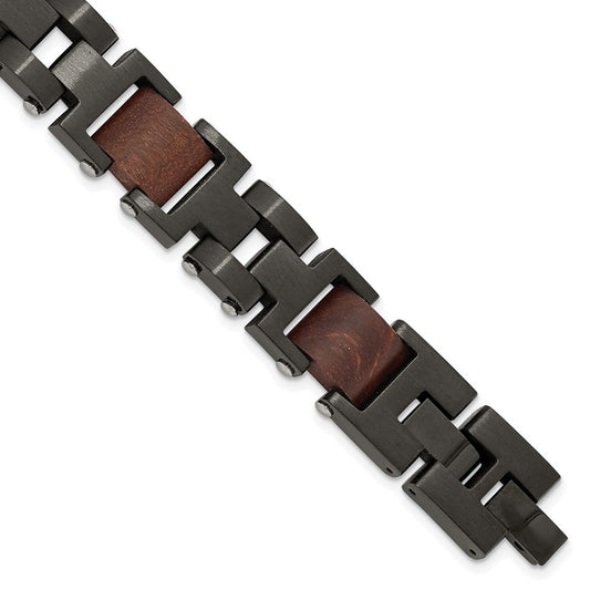 Chisel Stainless Steel Brushed Black IP-plated with Wood Inlay 8 inch Link Bracelet with .5 inch Extension SRB3064-8