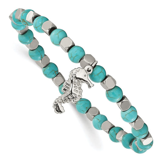 Chisel Stainless Steel Polished 6.5mm Seahorse Imitation Turquoise Beaded Stretch Bracelet SRB3084