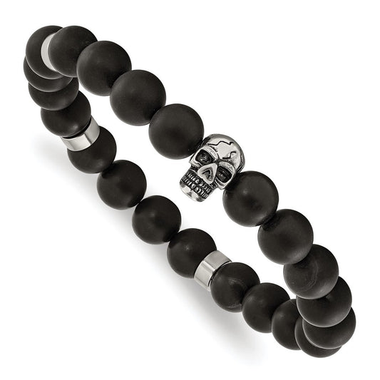Chisel Stainless Steel Antiqued and Polished Black Agate Beaded with Skulls Stretch Bracelet SRB3098
