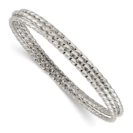 Chisel Stainless Steel Polished and Textured 3 Piece Set of 2mm Twisted Bangles SRB3102