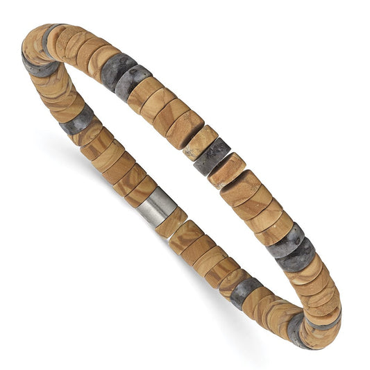 Chisel Stainless Steel Grain Stone and Black Spectrolite Beaded Stretch Bracelet SRB3125
