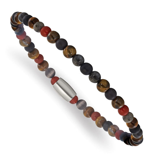 Chisel Stainless Steel Polished 5mm Spectrolite, Agate and Tiger's Eye Beaded Stretch Bracelet SRB3129